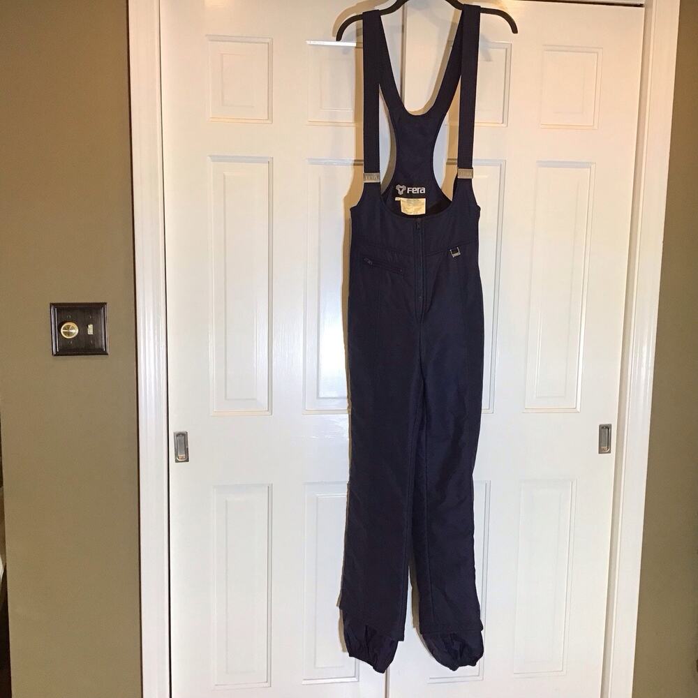 VTG FERA Hefti Stretch Bib Ski Pants Navy Adjustable Strap Women 10R Ankle Scuff